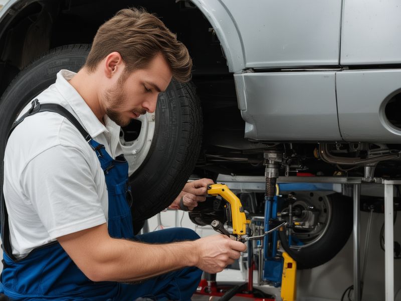 Professional mechanic performing detailed camper maintenance in workshop