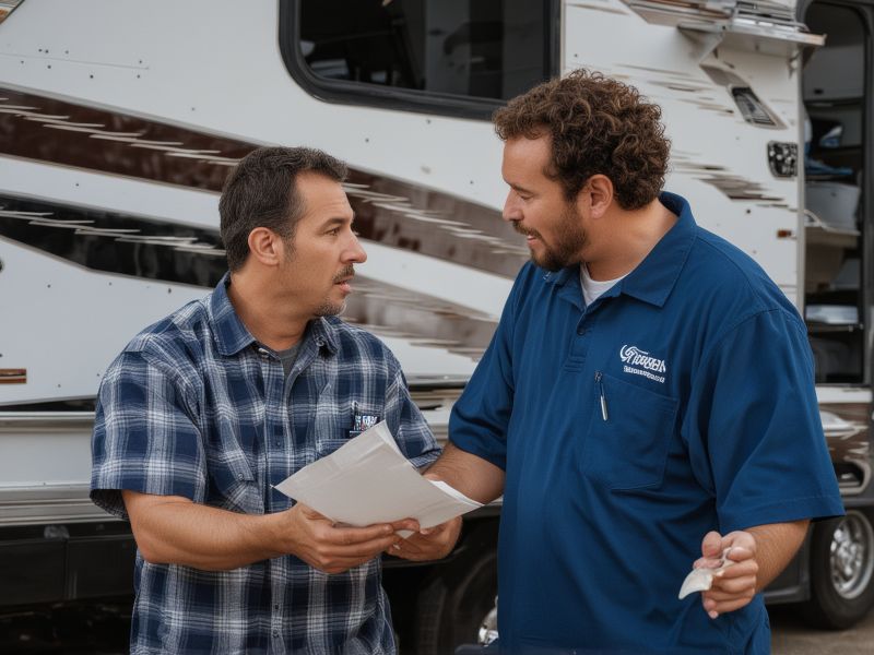 RV service technician explaining repair details to customer