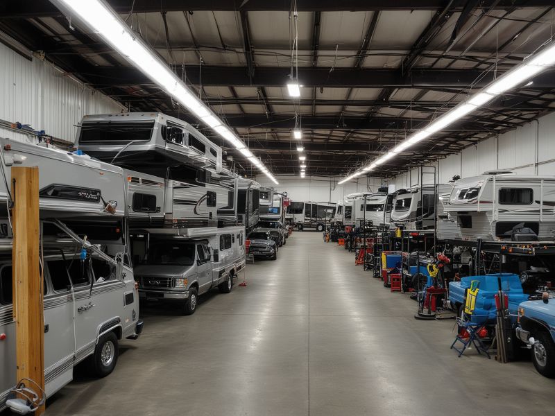 RV repair facility with professional tools and equipment