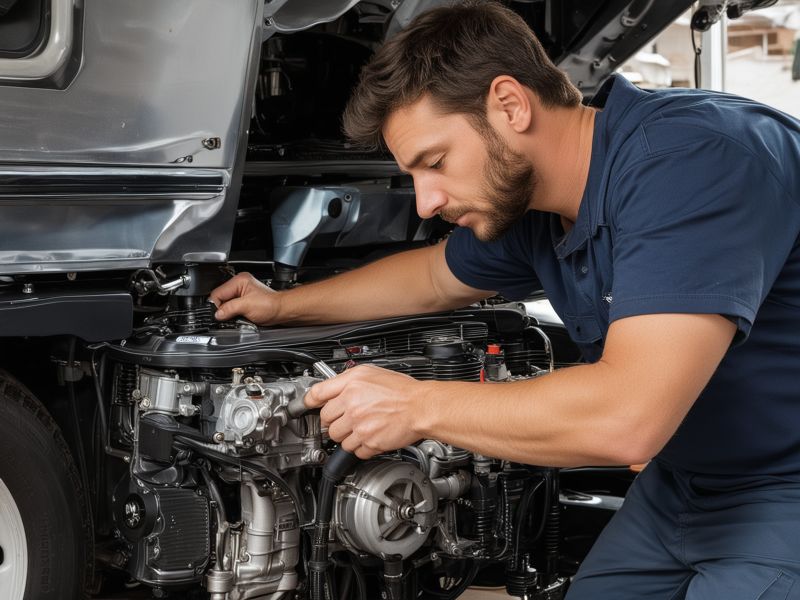 Certified RV mechanic working on recreational vehicle engine
