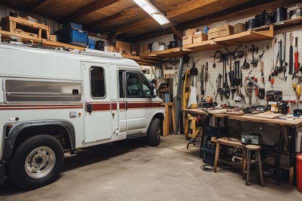 Professional RV repair tools and equipment in workshop