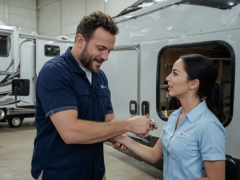 Professional RV technicians working together in modern repair facility