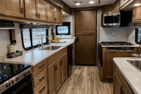 Complete RV kitchen renovation with modern appliances and custom cabinetry