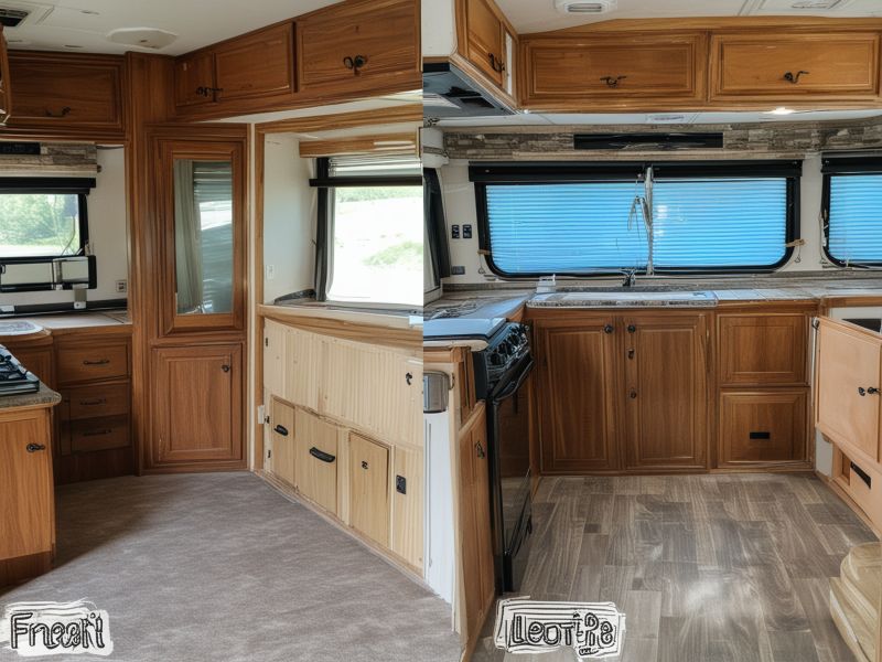 Before and after comparison of RV interior renovation project