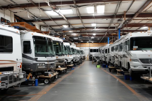 RV repair shop with various recreational vehicles being serviced